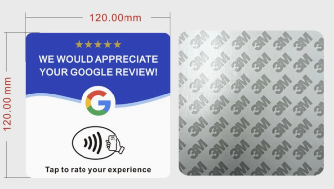 Blue NFC Google review card sample with 120 mm by 120 mm acrylic sticker format