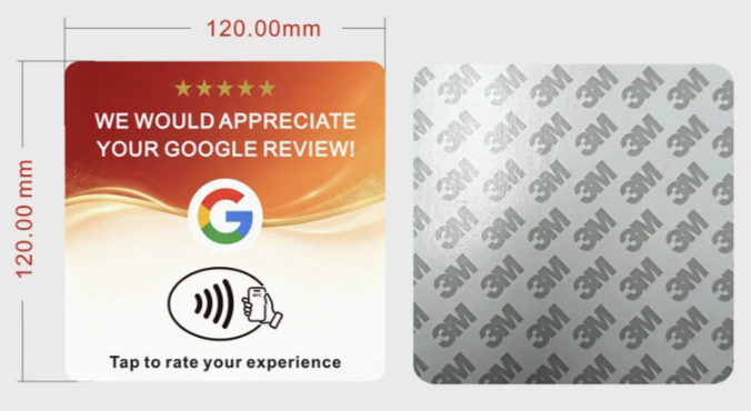 Orange NFC review card sample with tap to rate your experience message and adhesive backing